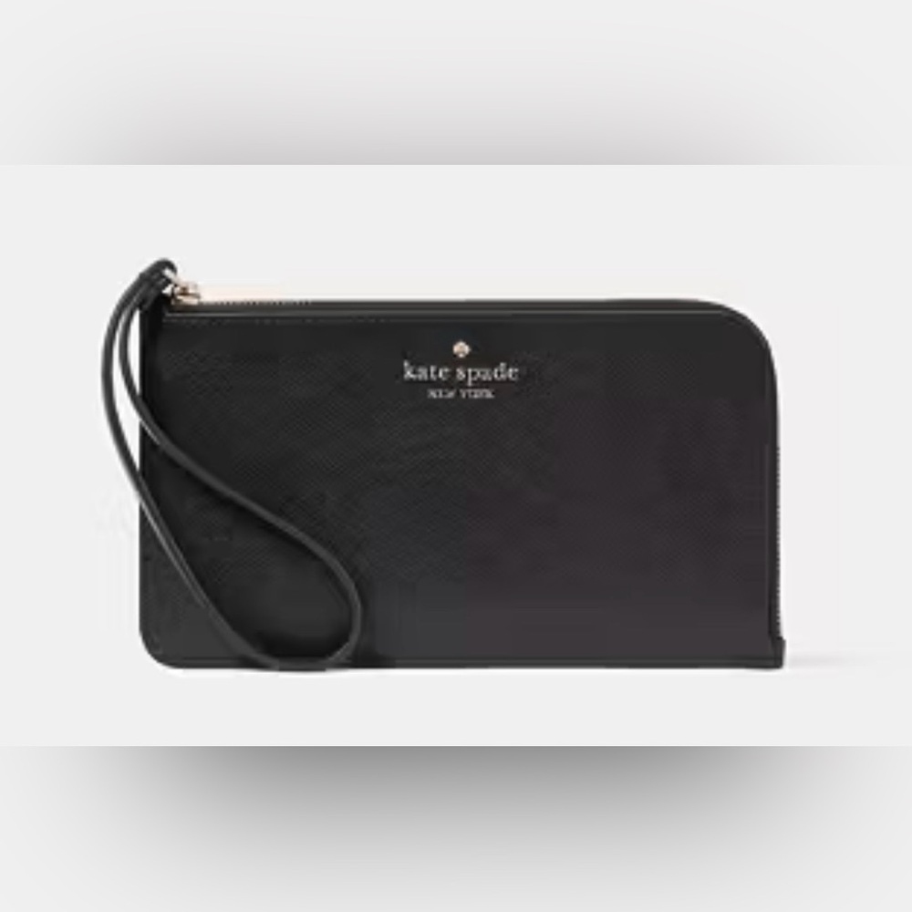 Kate Spade Lucy Medium L Zip Black Pebbled Leather Wristlet EUC